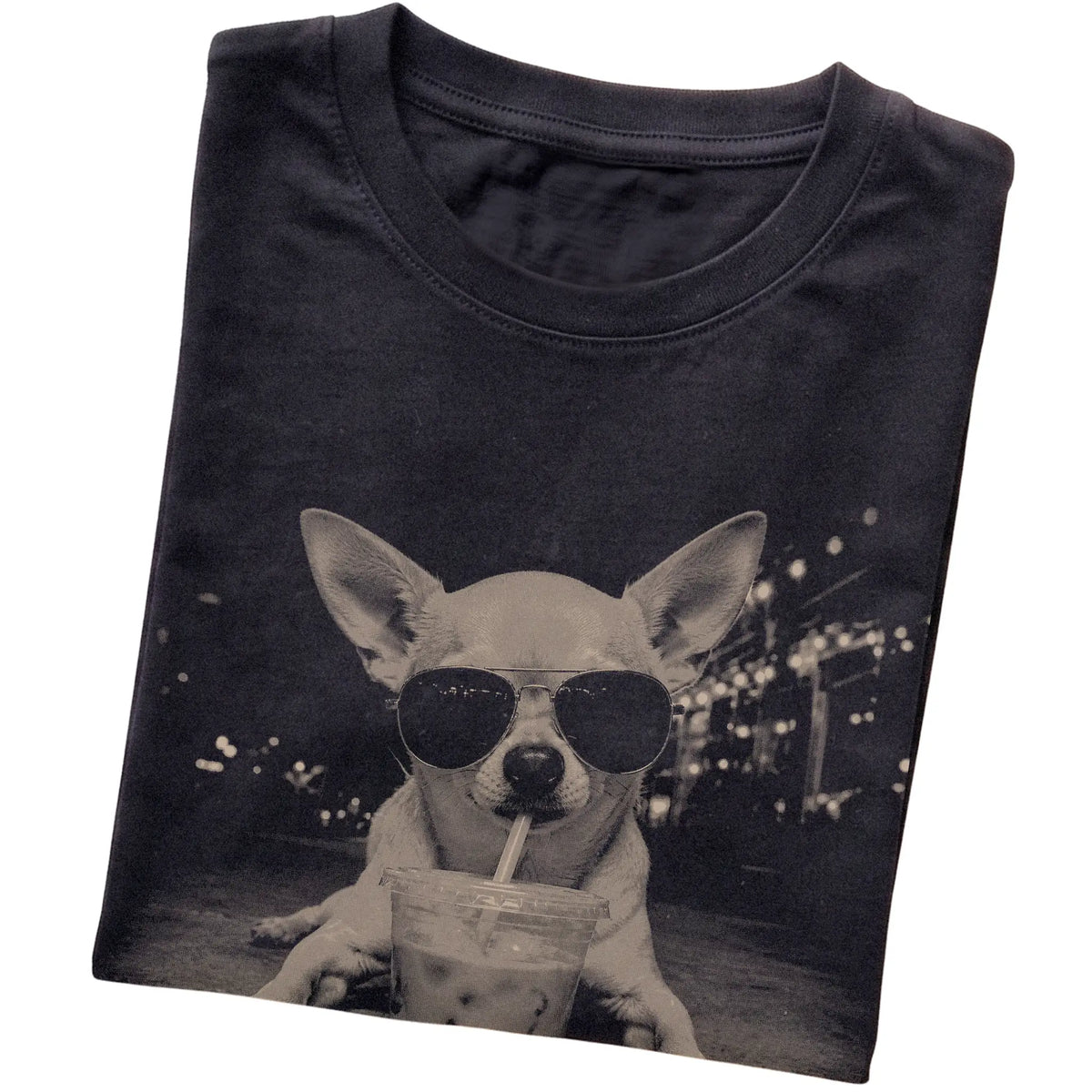 Chihuahua wearing aviator sunglasses and drinking iced coffee on a Black Gildan Softstyle T-Shirt, folded view