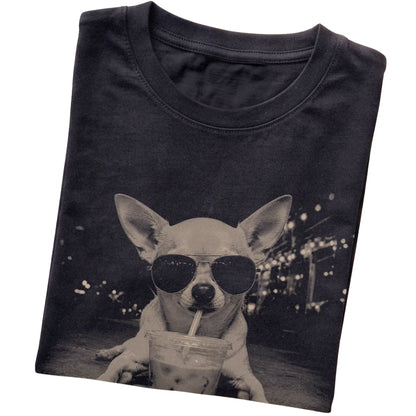 Chihuahua wearing aviator sunglasses and drinking iced coffee on a Black Gildan Softstyle T-Shirt, folded view