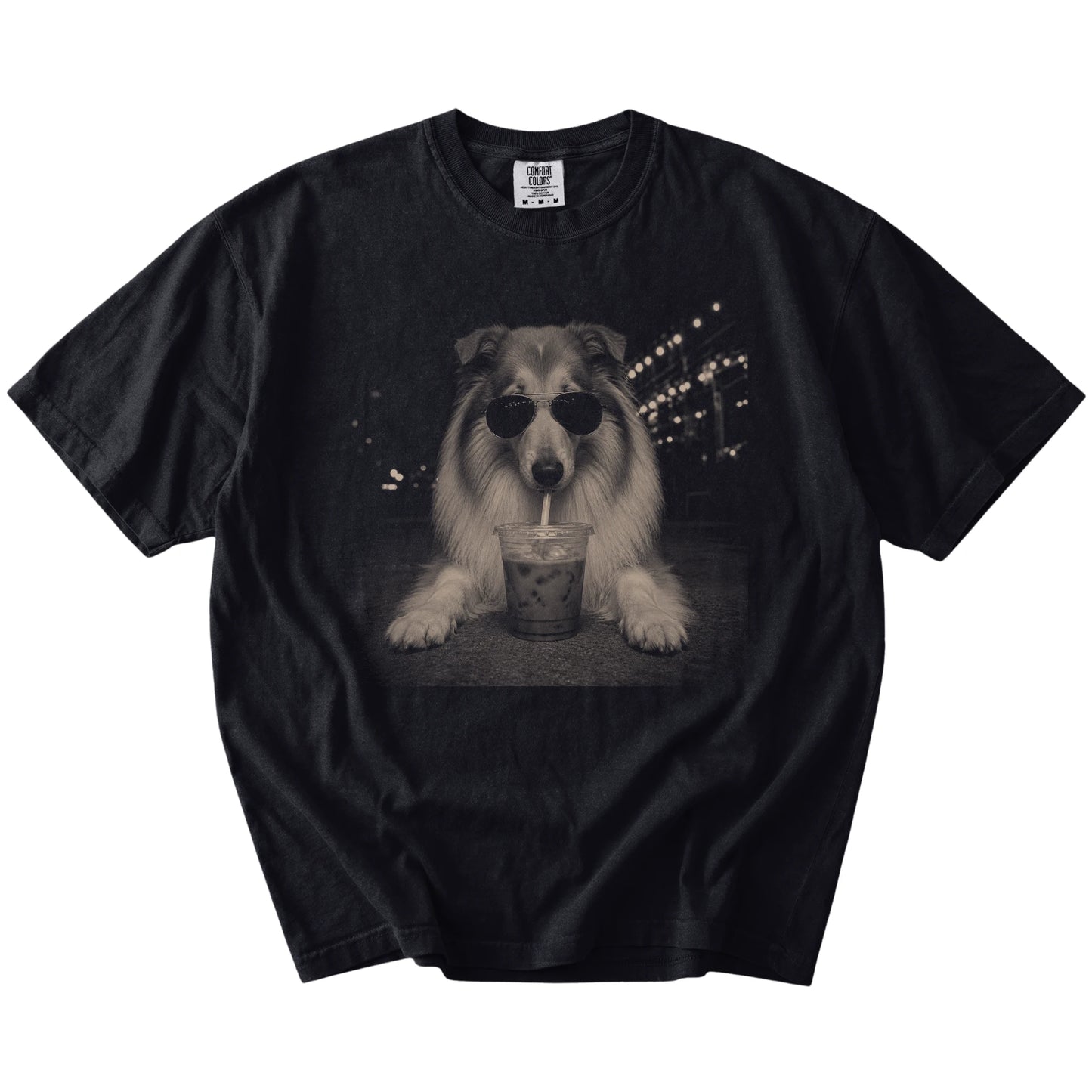 Collie with iced coffee in a retro grunge design on a Black Comfort Colors® T-shirt
