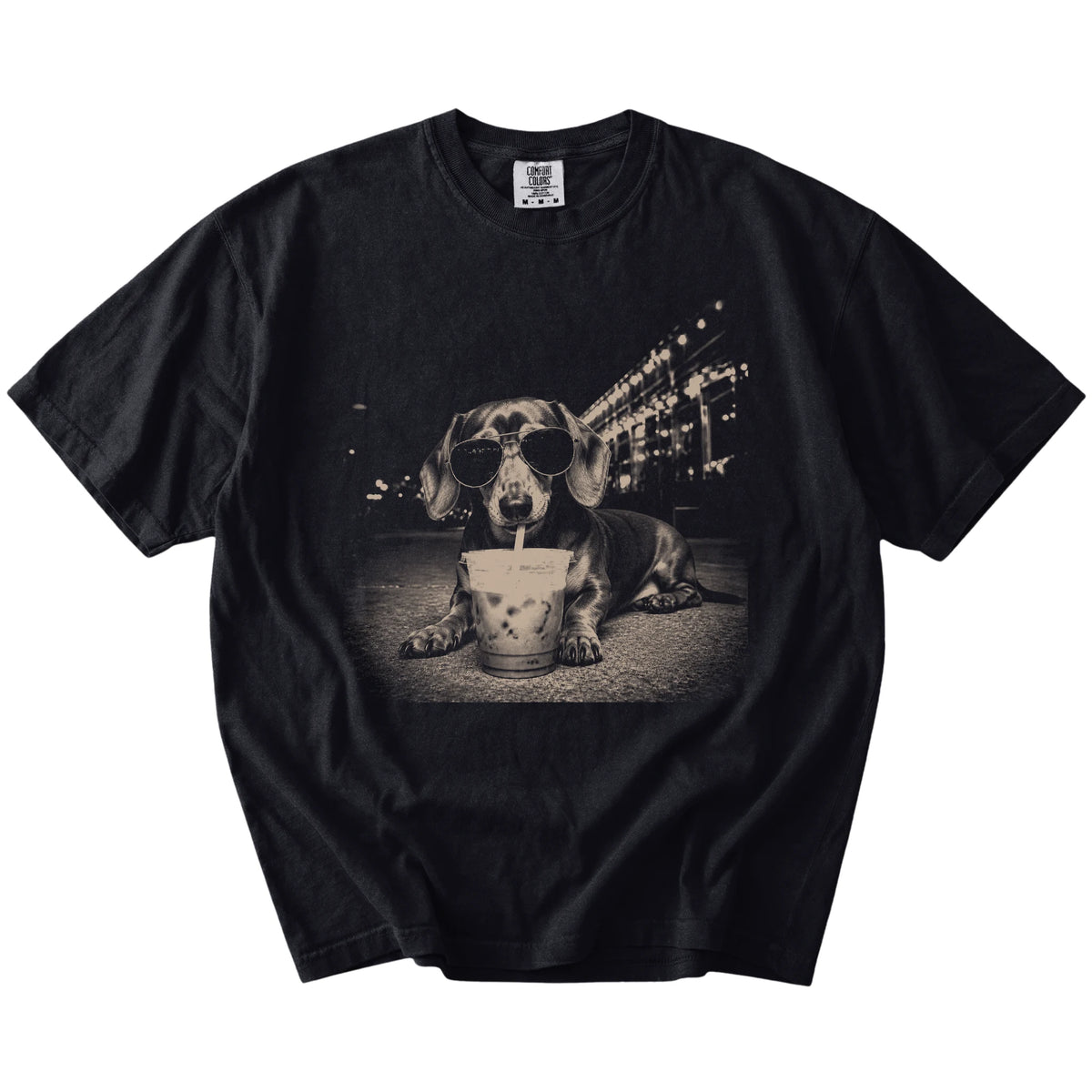 Dachshund with iced coffee in a retro grunge design on a Black Comfort Colors® T-shirt