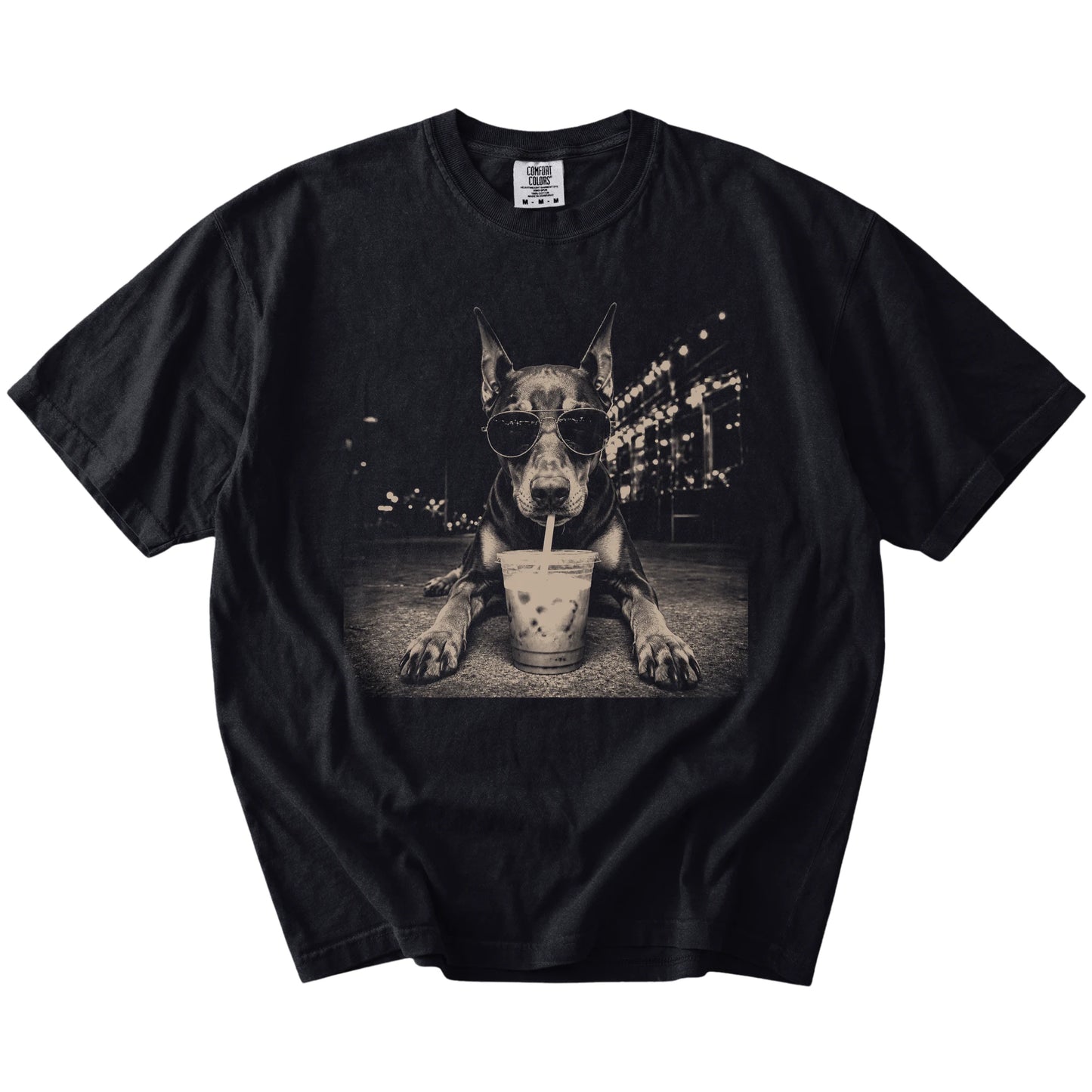 Doberman with iced coffee in a retro grunge design on a Black Comfort Colors® T-shirt