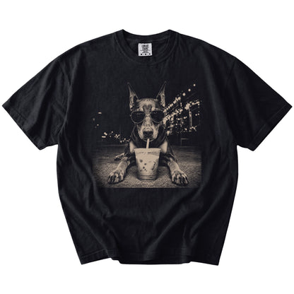 Doberman with iced coffee in a retro grunge design on a Black Comfort Colors® T-shirt