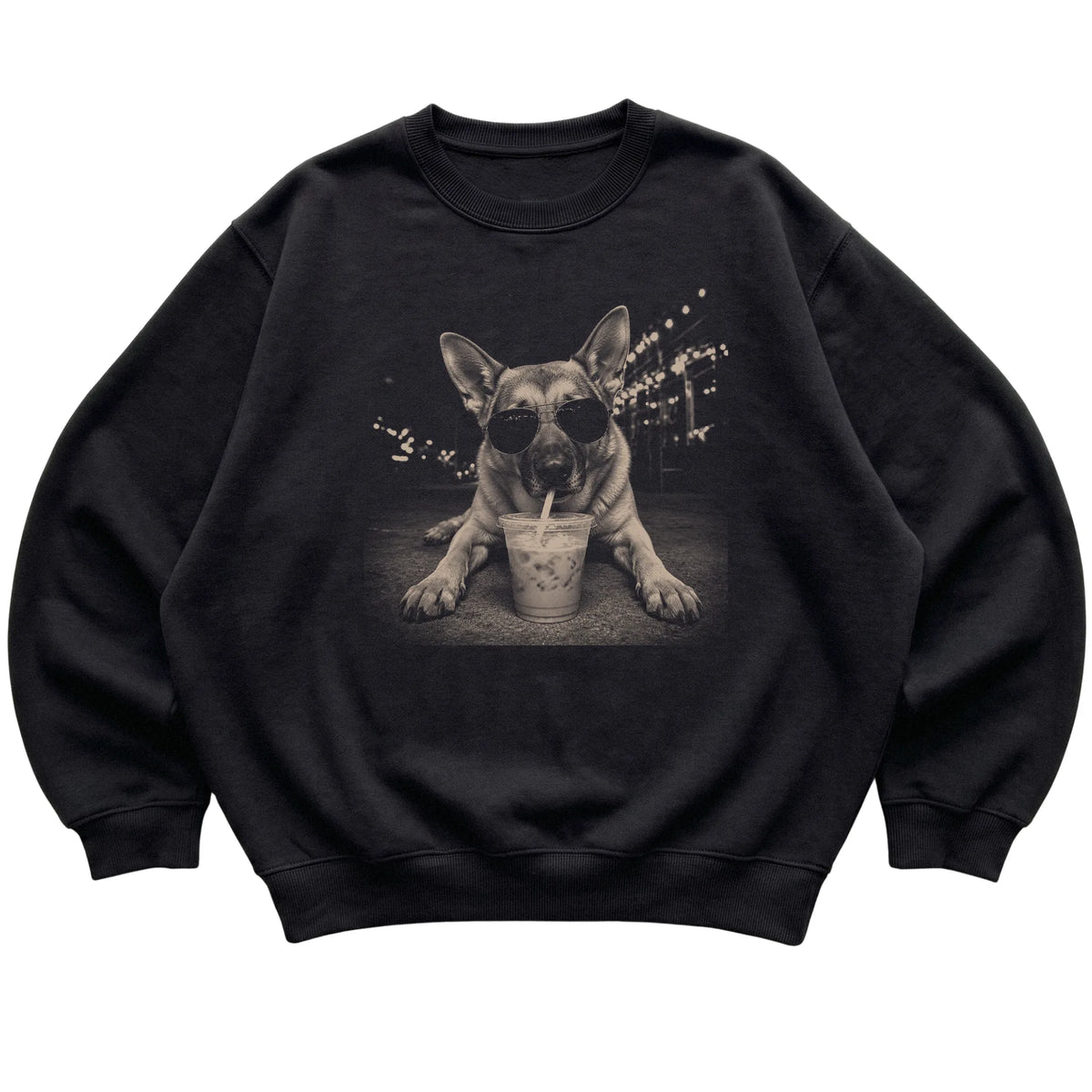 German Shepherd wearing aviator sunglasses and drinking iced coffee on a Black Gildan Heavy Blend Crewneck Sweatshirt, flat lay view