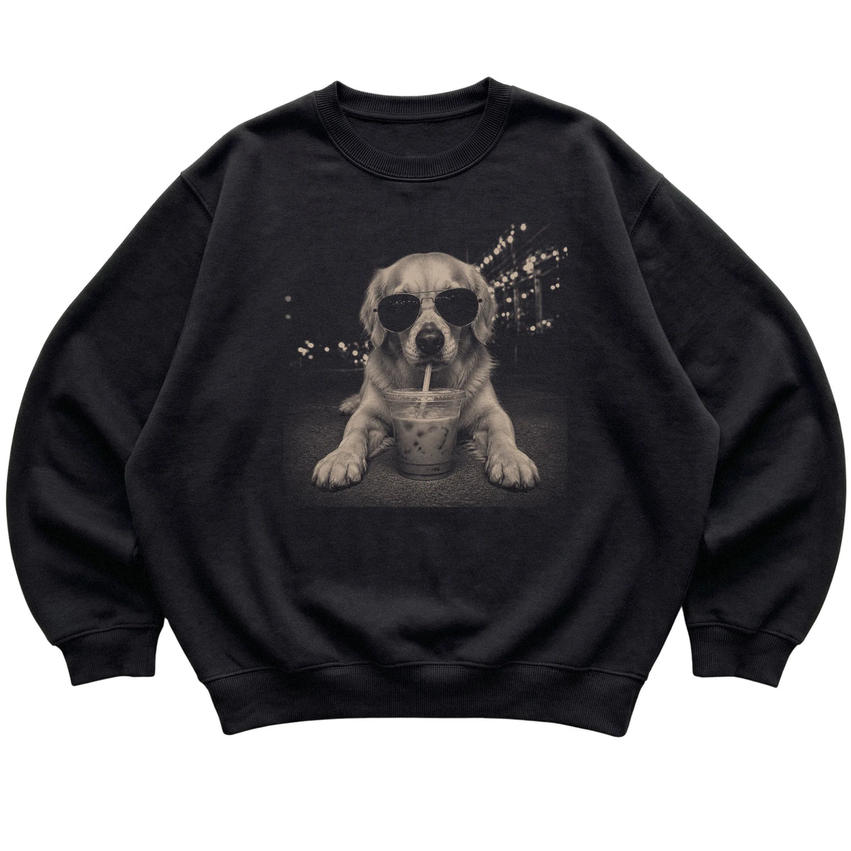Golden Retriever wearing aviator sunglasses and drinking iced coffee on a Black Gildan Heavy Blend Crewneck Sweatshirt, flat lay view