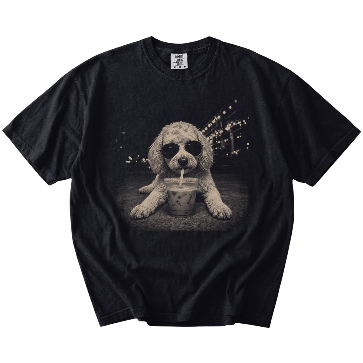 Goldendoodle with iced coffee in a retro grunge design on a Black Comfort Colors® T-shirt