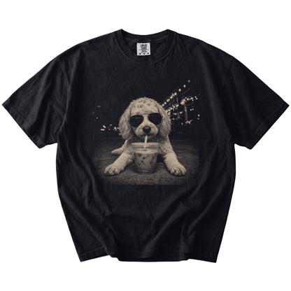 Goldendoodle with iced coffee in a retro grunge design on a Black Comfort Colors® T-shirt