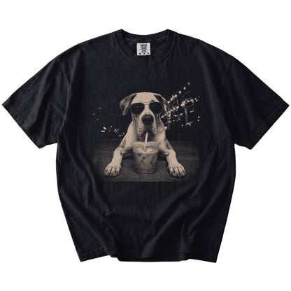 Great Dane with iced coffee in a retro grunge design on a Black Comfort Colors® T-shirt
