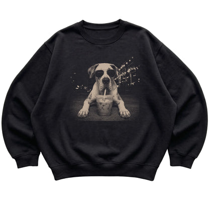 Great Dane wearing aviator sunglasses and drinking iced coffee on a Black Gildan Heavy Blend Crewneck Sweatshirt, flat lay view