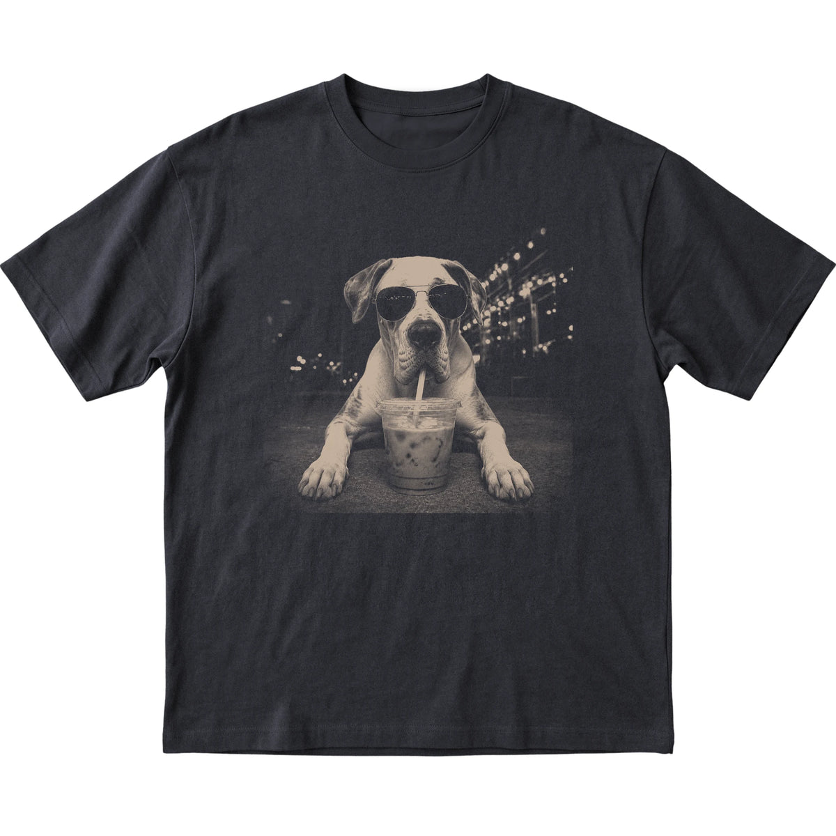 Great Dane wearing aviator sunglasses and drinking iced coffee on a Black Gildan Softstyle T-Shirt, flat lay view