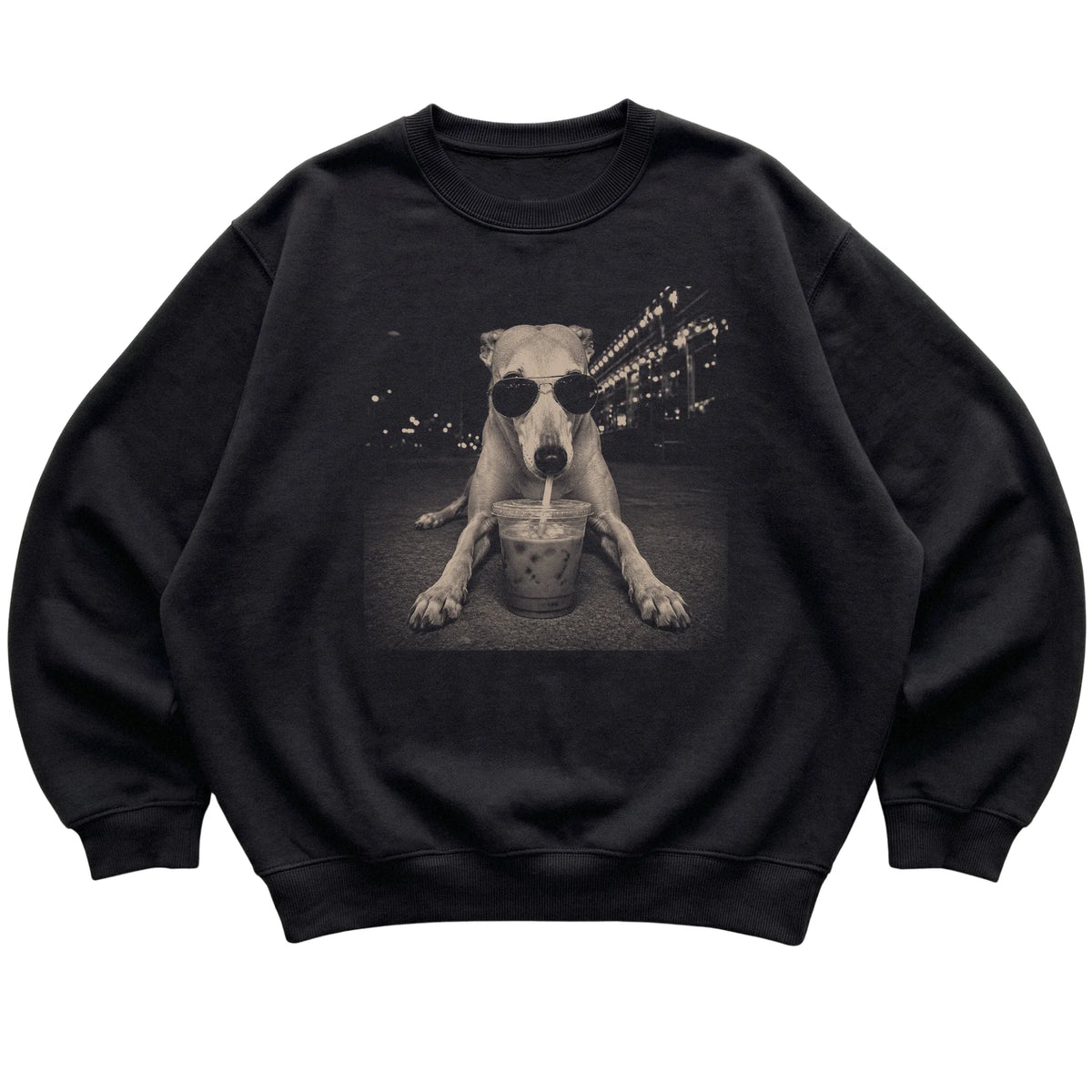 Greyhound wearing aviator sunglasses and drinking iced coffee on a Black Gildan Heavy Blend Crewneck Sweatshirt, flat lay view