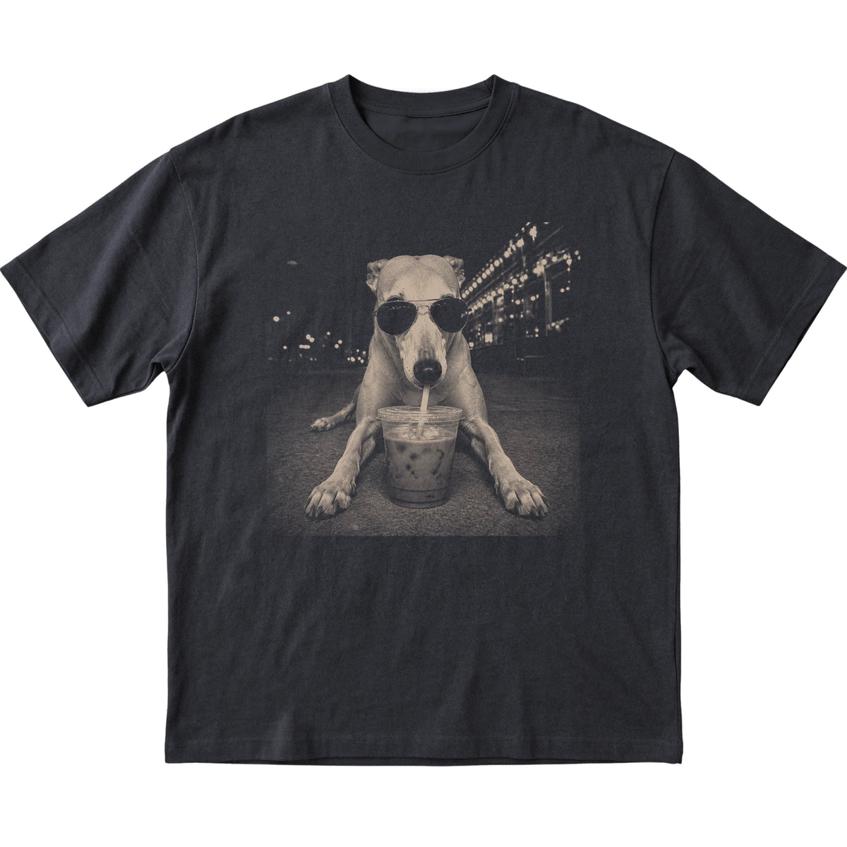 Greyhound wearing aviator sunglasses and drinking iced coffee on a Black Gildan Softstyle T-Shirt, flat lay view