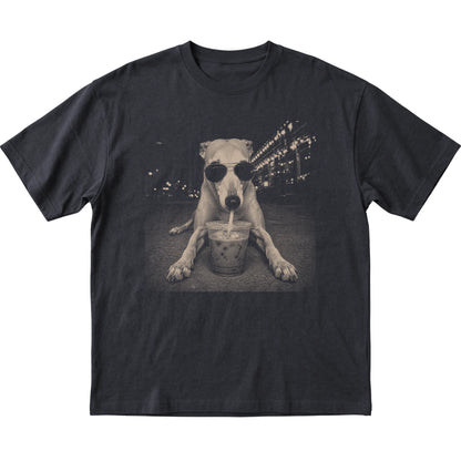 Greyhound wearing aviator sunglasses and drinking iced coffee on a Black Gildan Softstyle T-Shirt, flat lay view