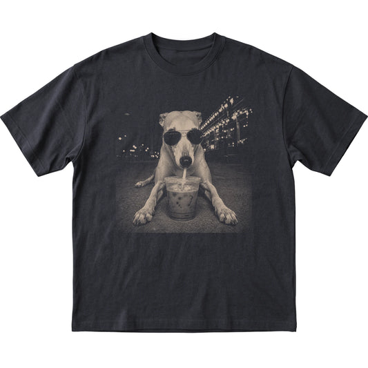 Greyhound wearing aviator sunglasses and drinking iced coffee on a Black Gildan Softstyle T-Shirt, flat lay view