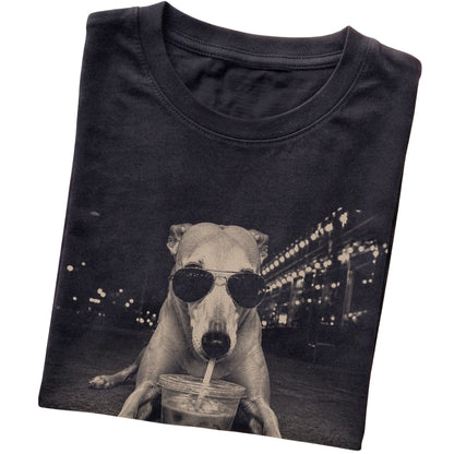 Greyhound wearing aviator sunglasses and drinking iced coffee on a Black Gildan Softstyle T-Shirt, folded view