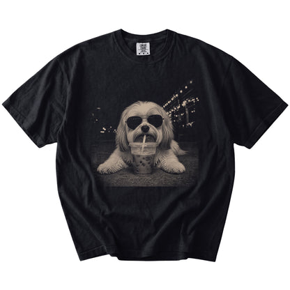 Havanese with iced coffee in a retro grunge design on a Black Comfort Colors® T-shirt