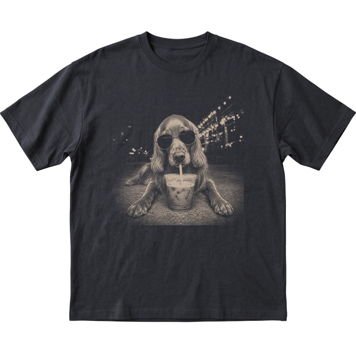 Irish Setter wearing aviator sunglasses and drinking iced coffee on a Black Gildan Softstyle T-Shirt, flat lay view