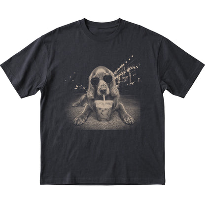 Irish Setter wearing aviator sunglasses and drinking iced coffee on a Black Gildan Softstyle T-Shirt, flat lay view