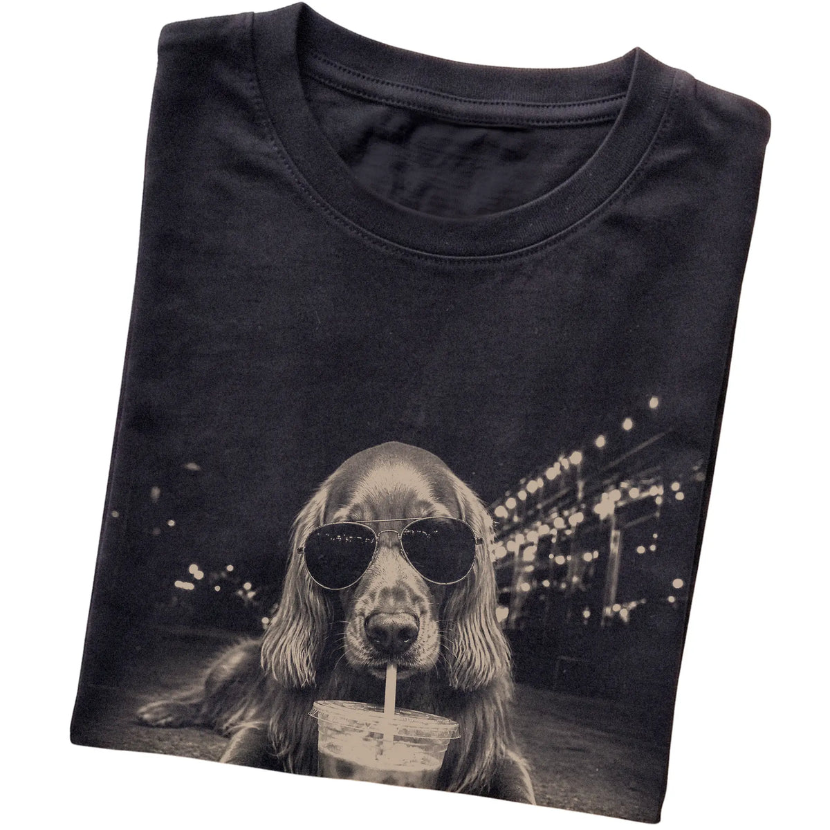 Irish Setter wearing aviator sunglasses and drinking iced coffee on a Black Gildan Softstyle T-Shirt, folded view