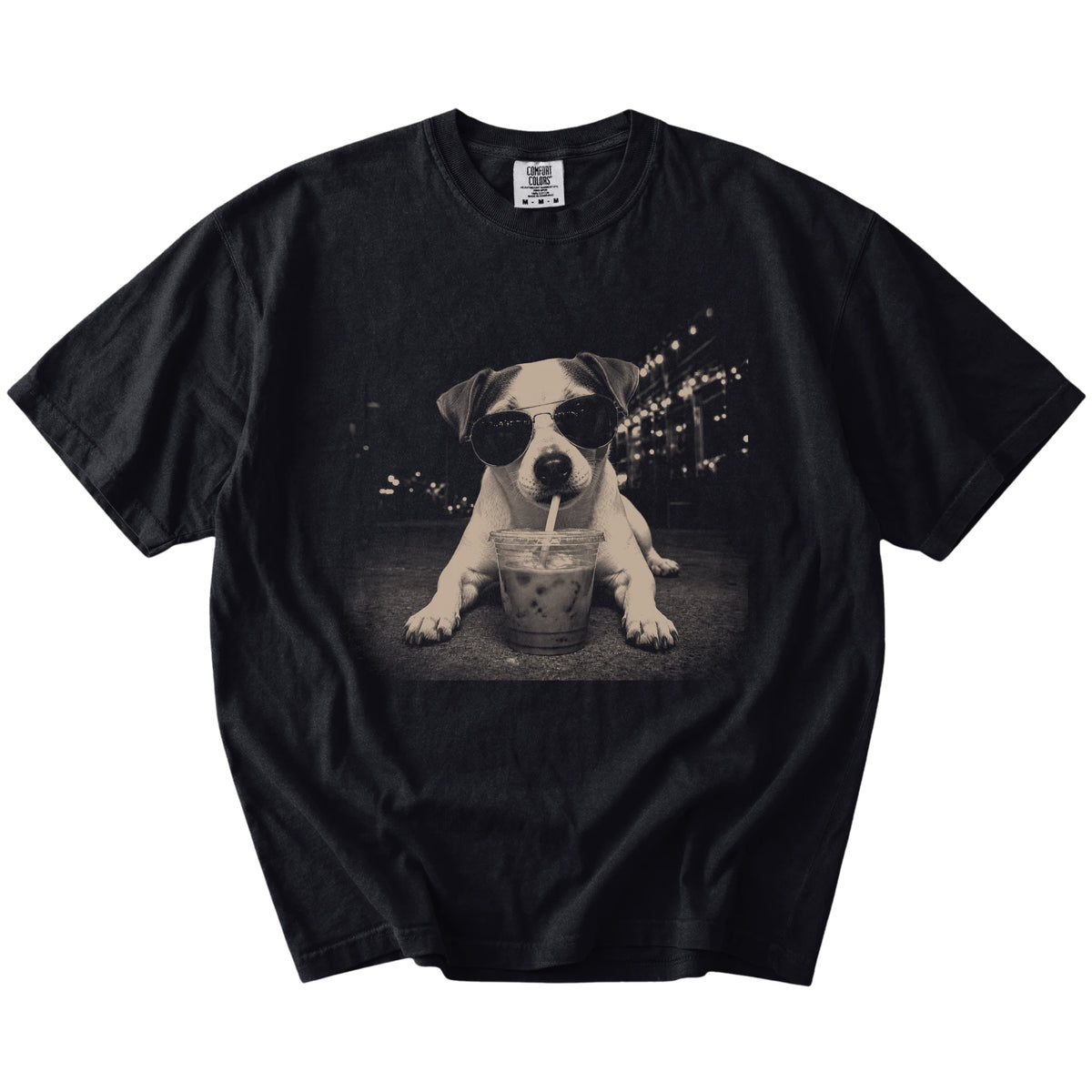 Jack Russell with iced coffee in a retro grunge design on a Black Comfort Colors® T-shirt