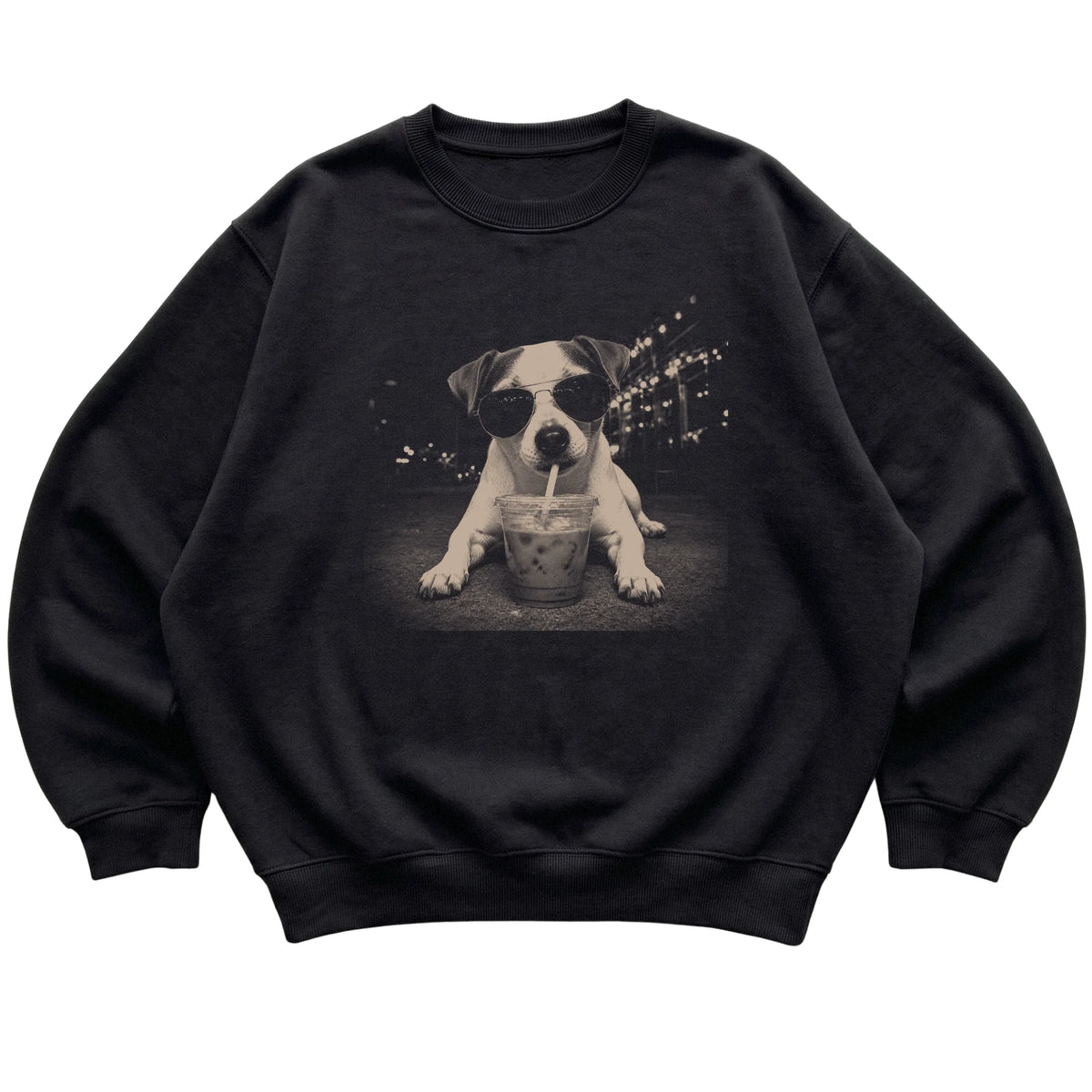 Jack Russell wearing aviator sunglasses and drinking iced coffee on a Black Gildan Heavy Blend Crewneck Sweatshirt, flat lay view