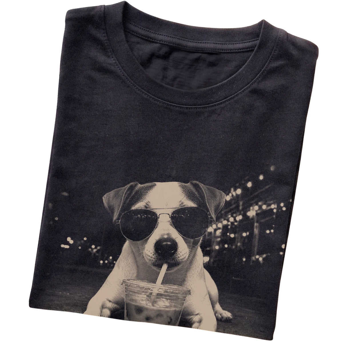 Jack Russell wearing aviator sunglasses and drinking iced coffee on a Black Gildan Softstyle T-Shirt, folded view