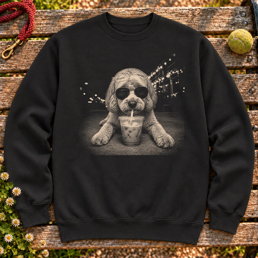 Labradoodle Iced Coffee design on a Black crewneck sweatshirt shown flat