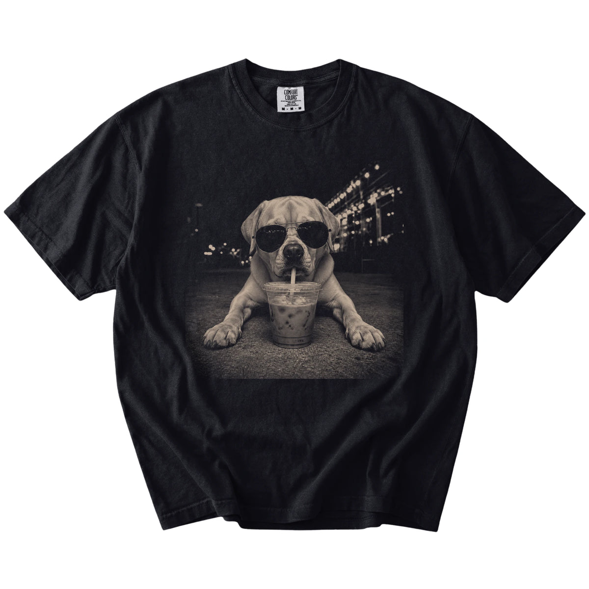 Labrador Retriever with iced coffee in a retro grunge design on a Black Comfort Colors® T-shirt