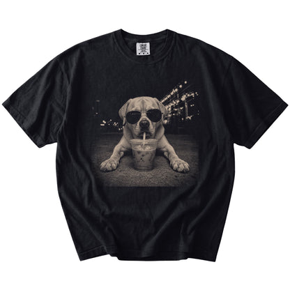 Labrador Retriever with iced coffee in a retro grunge design on a Black Comfort Colors® T-shirt