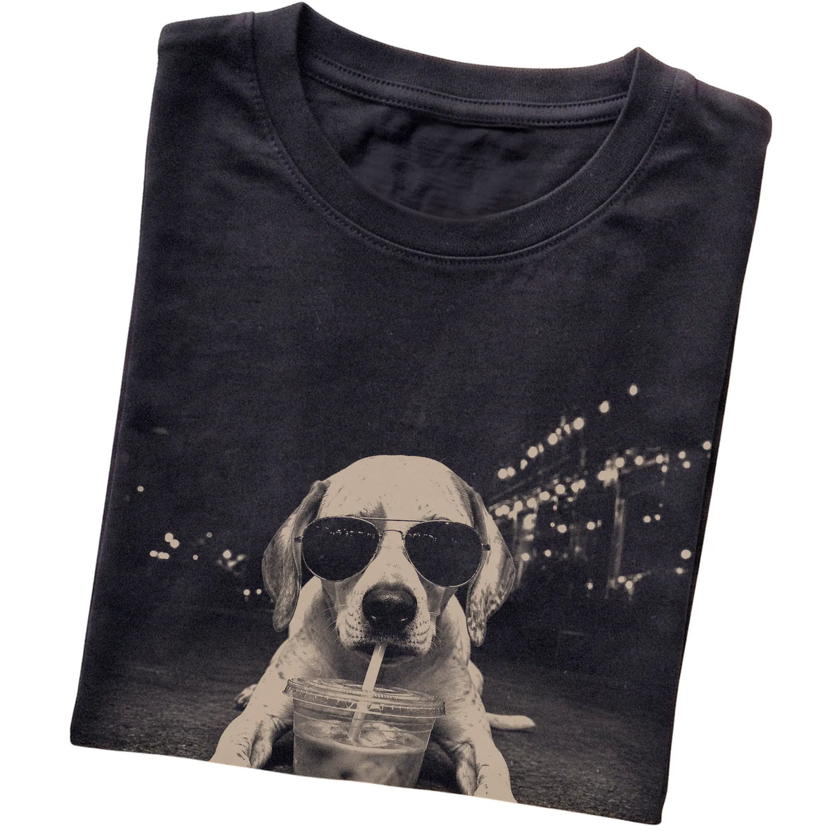 Pointer wearing aviator sunglasses and drinking iced coffee on a Black Gildan Softstyle T-Shirt, folded view