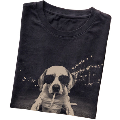 Pointer wearing aviator sunglasses and drinking iced coffee on a Black Gildan Softstyle T-Shirt, folded view