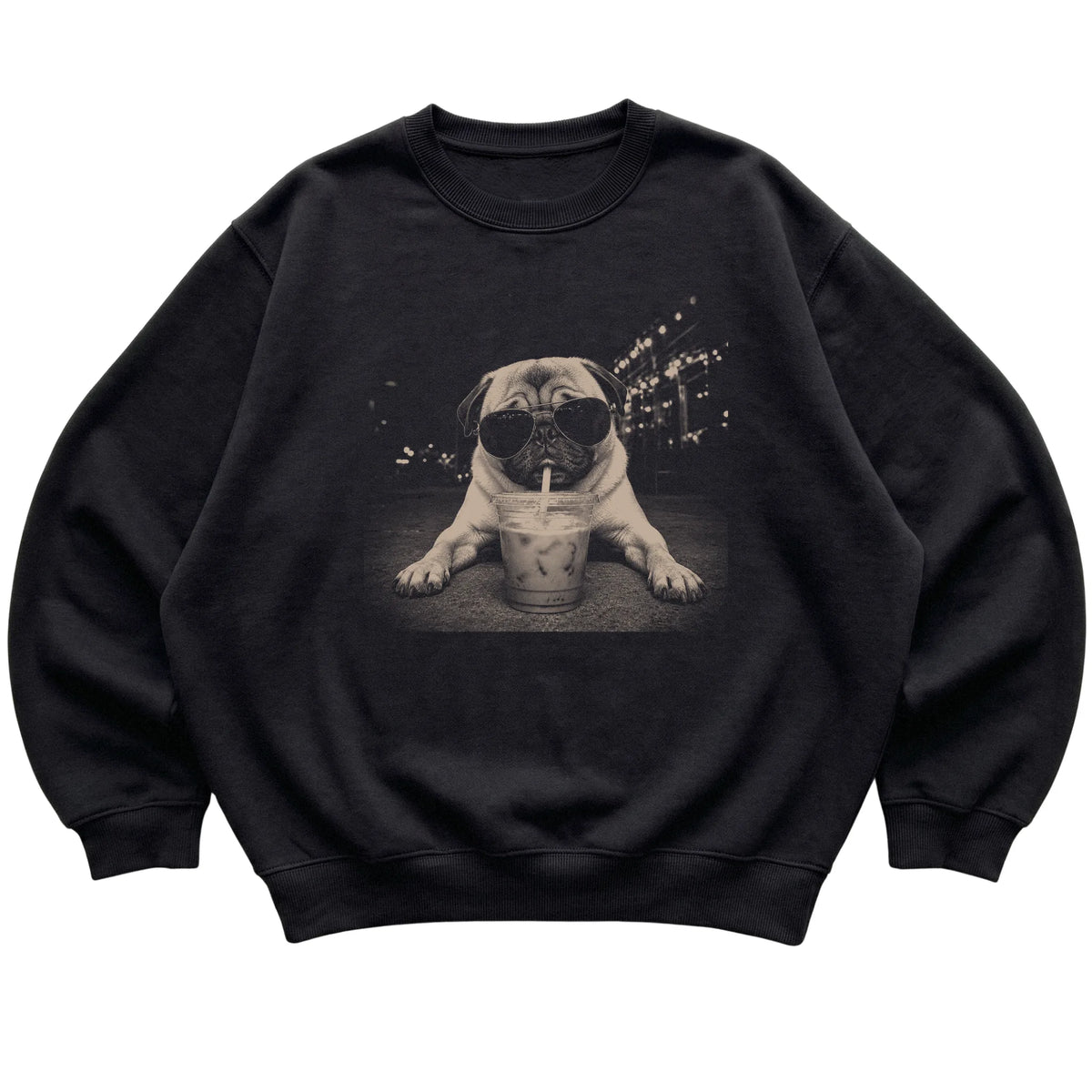 Pug wearing aviator sunglasses and drinking iced coffee on a Black Gildan Heavy Blend Crewneck Sweatshirt, flat lay view