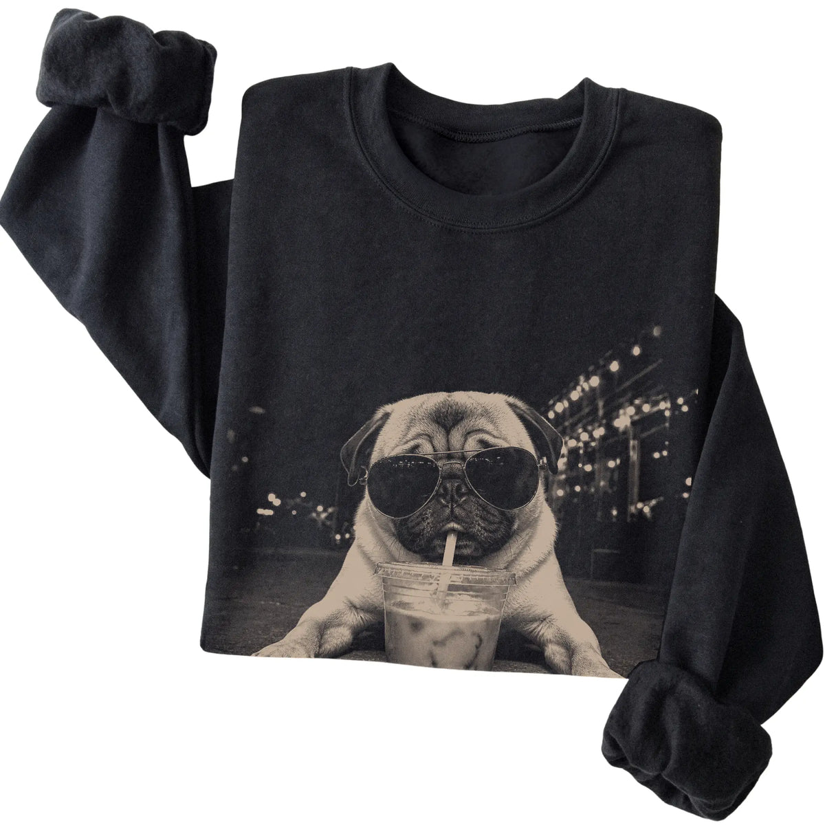 Pug wearing aviator sunglasses and drinking iced coffee on a Black Gildan Heavy Blend Crewneck Sweatshirt, folded view