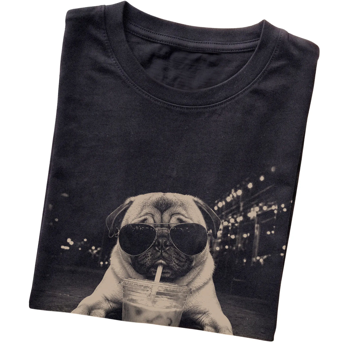 Pug wearing aviator sunglasses and drinking iced coffee on a Black Gildan Softstyle T-Shirt, folded view