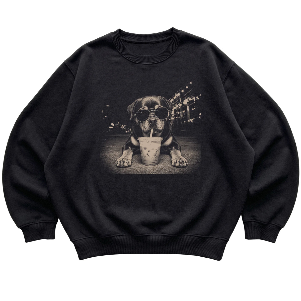 Rottweiler wearing aviator sunglasses and drinking iced coffee on a Black Gildan Heavy Blend Crewneck Sweatshirt, flat lay view