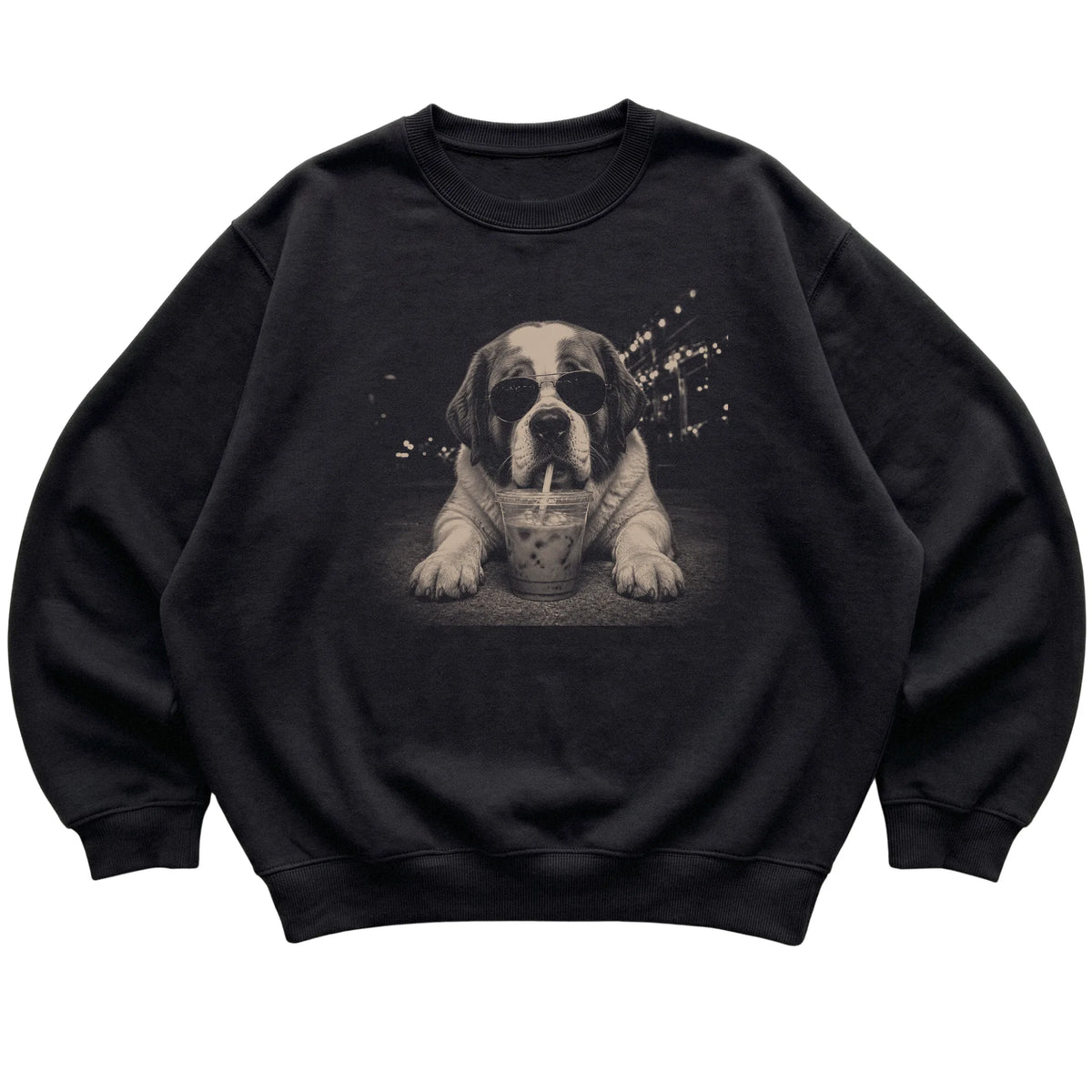Saint Bernard wearing aviator sunglasses and drinking iced coffee on a Black Gildan Heavy Blend Crewneck Sweatshirt, flat lay view
