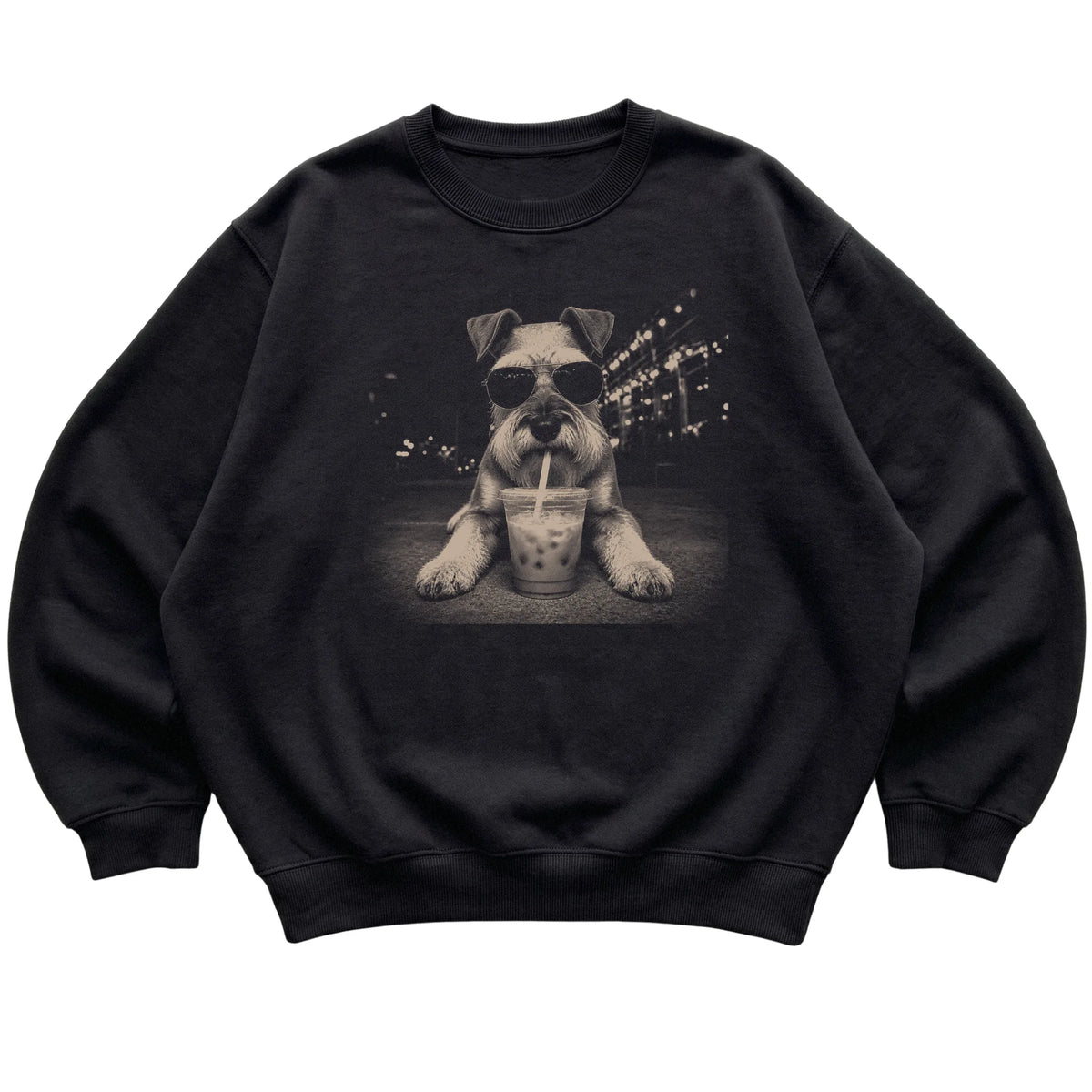 Schnauzer wearing aviator sunglasses and drinking iced coffee on a Black Gildan Heavy Blend Crewneck Sweatshirt, flat lay view