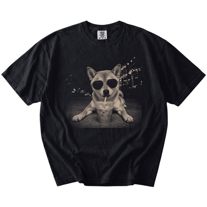 Shiba Inu with iced coffee in a retro grunge design on a Black Comfort Colors® T-shirt