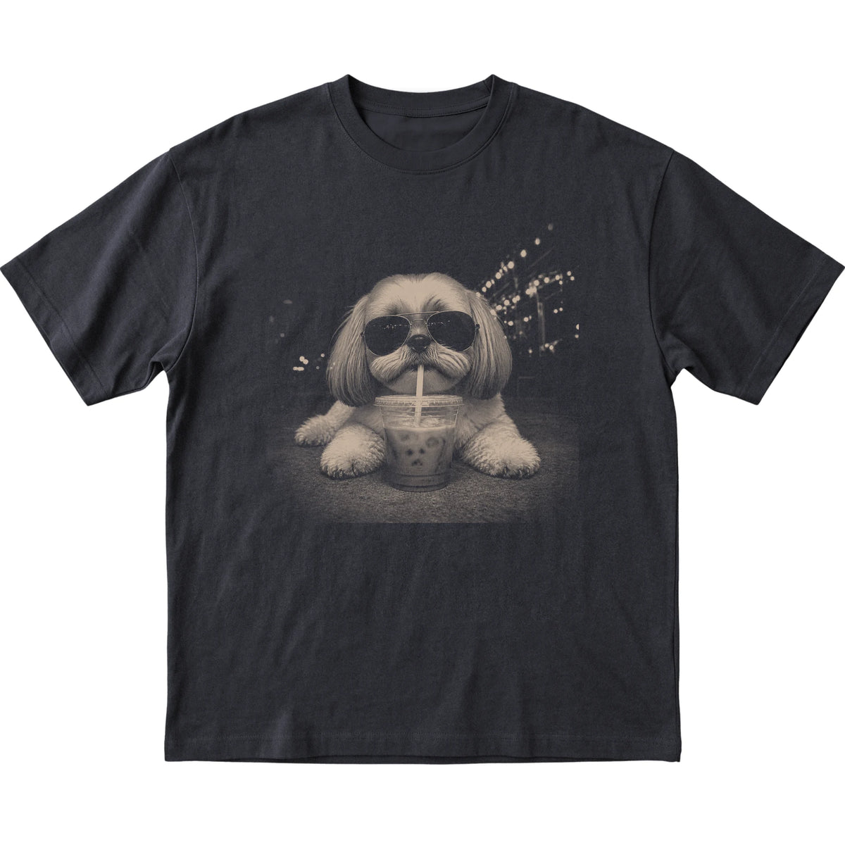 Shih Tzu wearing aviator sunglasses and drinking iced coffee on a Black Gildan Softstyle T-Shirt, flat lay view