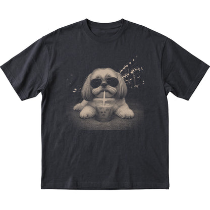 Shih Tzu wearing aviator sunglasses and drinking iced coffee on a Black Gildan Softstyle T-Shirt, flat lay view