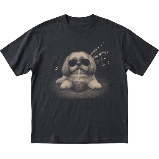 Shih Tzu wearing aviator sunglasses and drinking iced coffee on a Black Gildan Softstyle T-Shirt, flat lay view