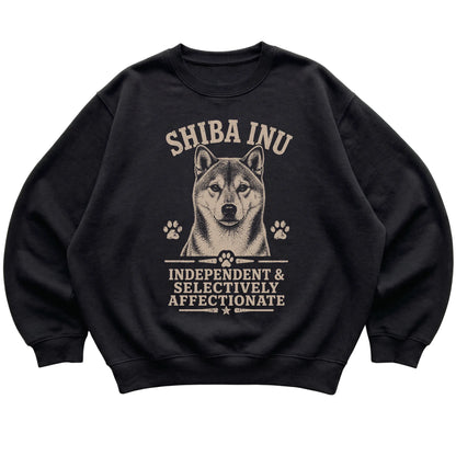 Black crewneck sweatshirt featuring Independent & Selectively Affectionate - Shiba Inu, laid-flat presentation