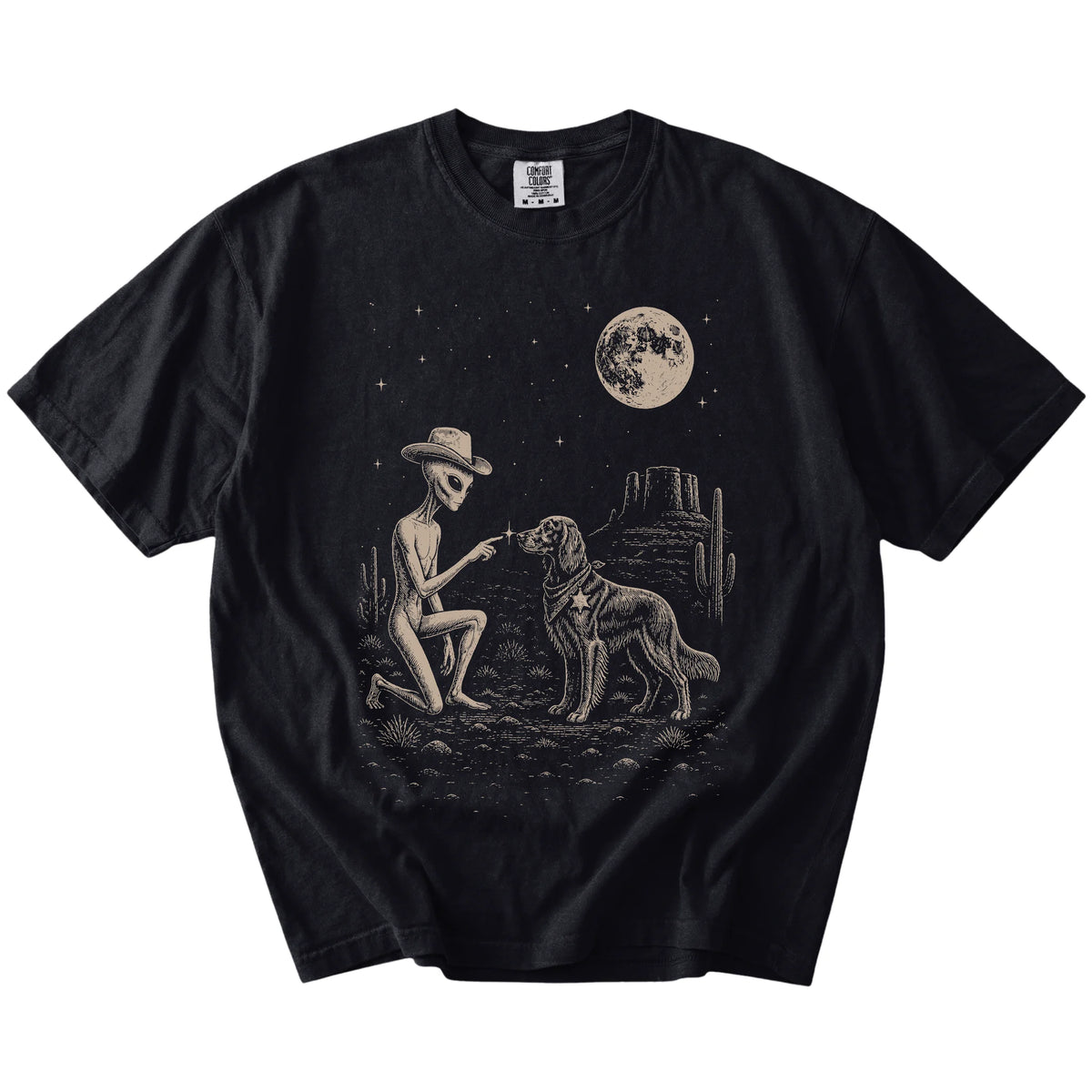 Cowboy alien fist-bumping a Irish Setter beneath the moon on a Black Comfort Colors® T-shirt