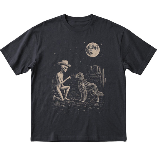 Black T-shirt featuring Irish Setter Cowboy and Alien, laid-flat presentation