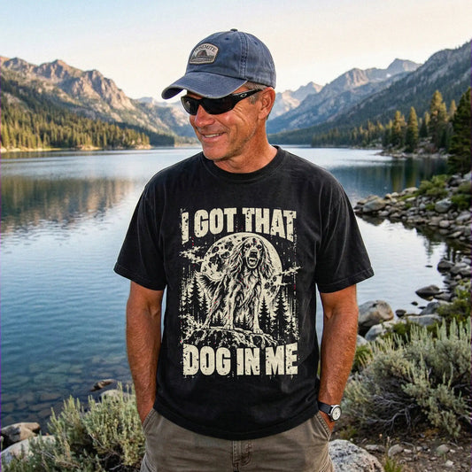 Black Irish Setter I Got That Dog in Me T-shirt, worn by a model