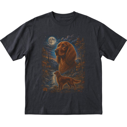 black T-shirt with Irish Setter Autumn Moon artwork.