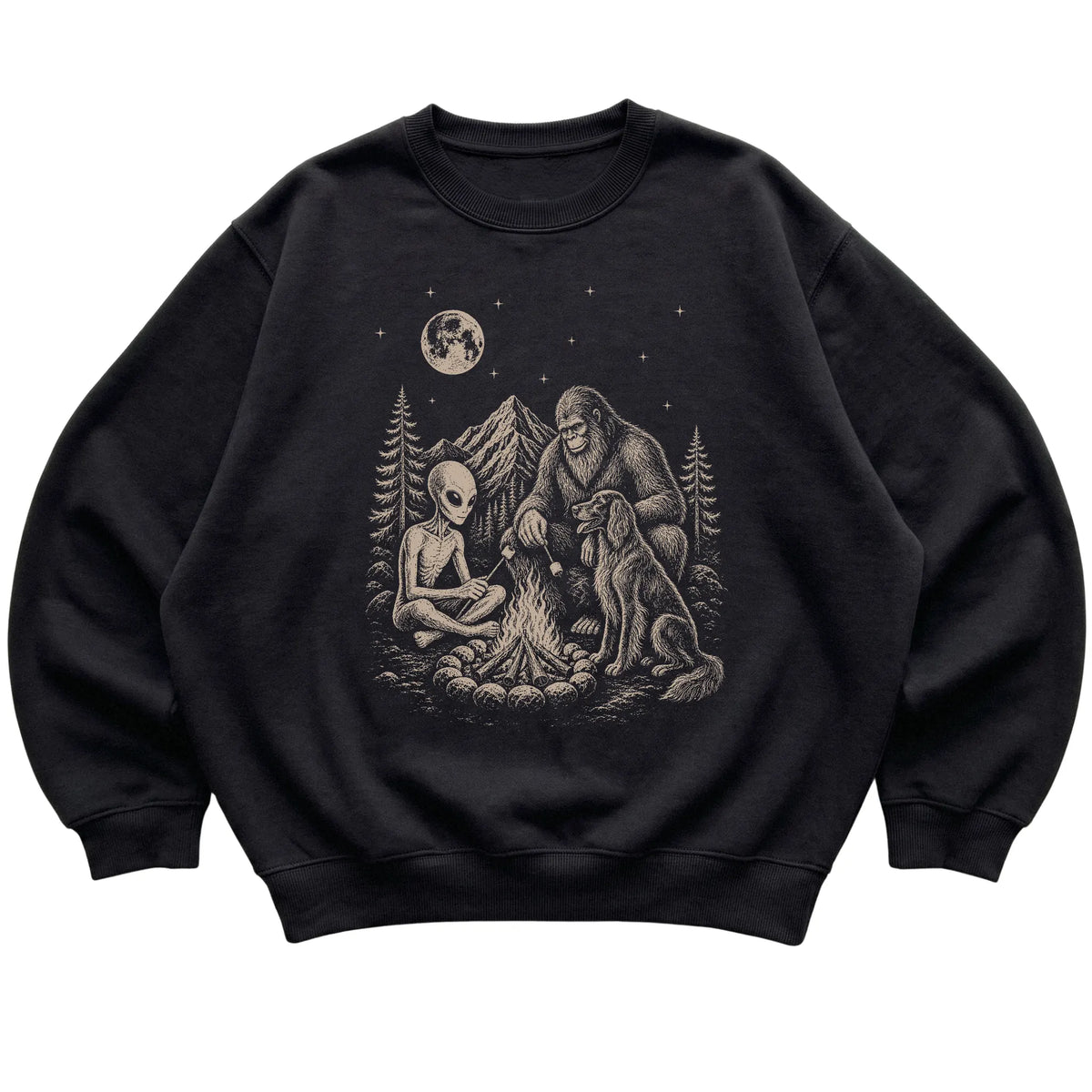 Black Irish Setter Camping with Bigfoot and Alien shirt laid flat