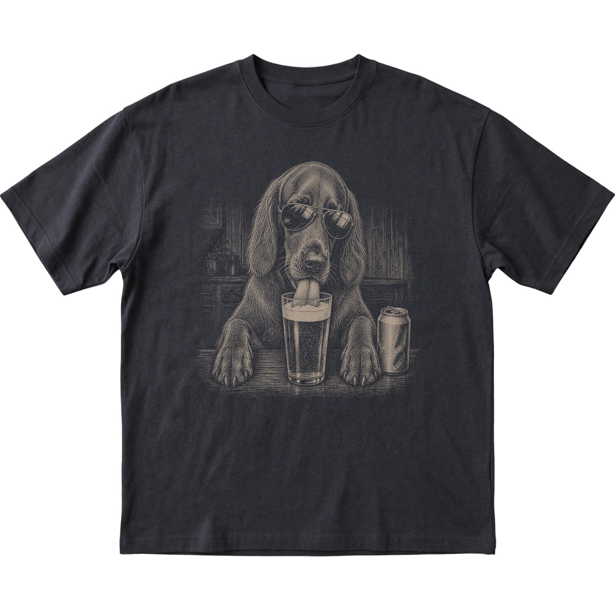 Black Irish Setter drinking from a pint at a bar, laid flat