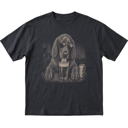 Black Irish Setter drinking from a pint at a bar, laid flat
