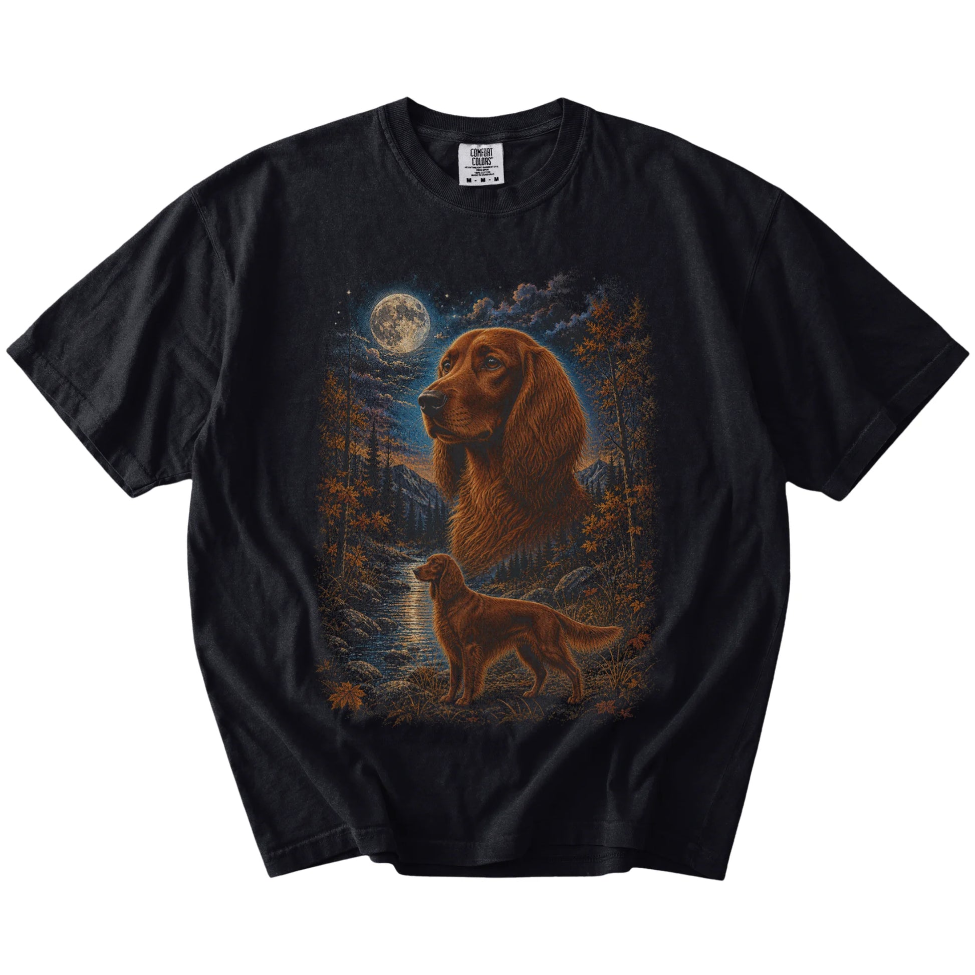 Irish Setter in a moonlit fall forest scene on a Black Comfort Colors® t-shirt