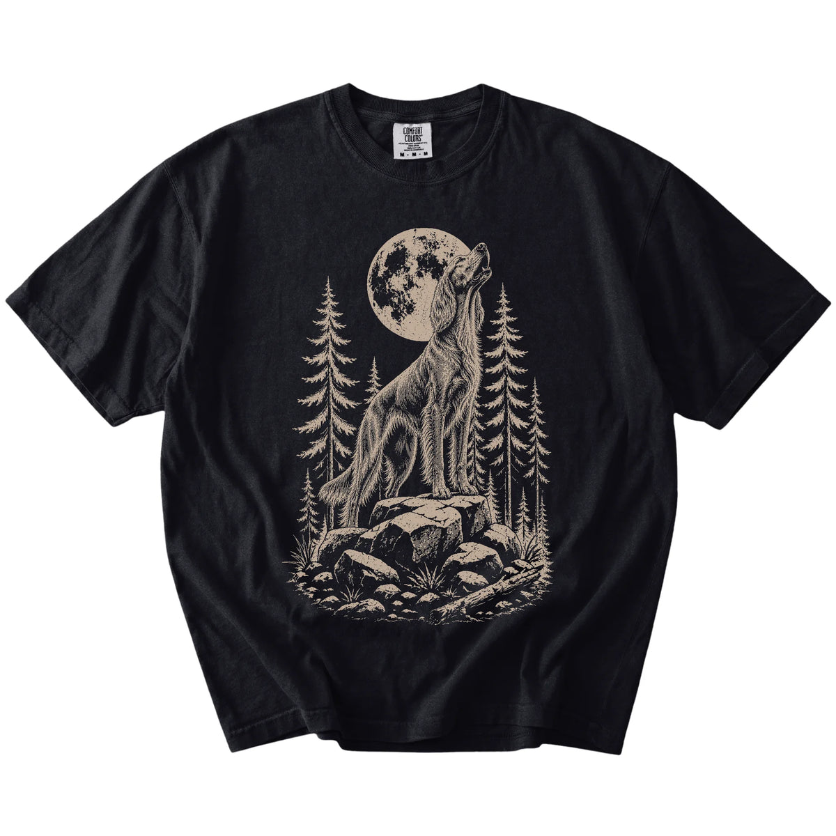 Irish Setter howling beneath the moon and pine trees on a Black Comfort Colors® T-shirt